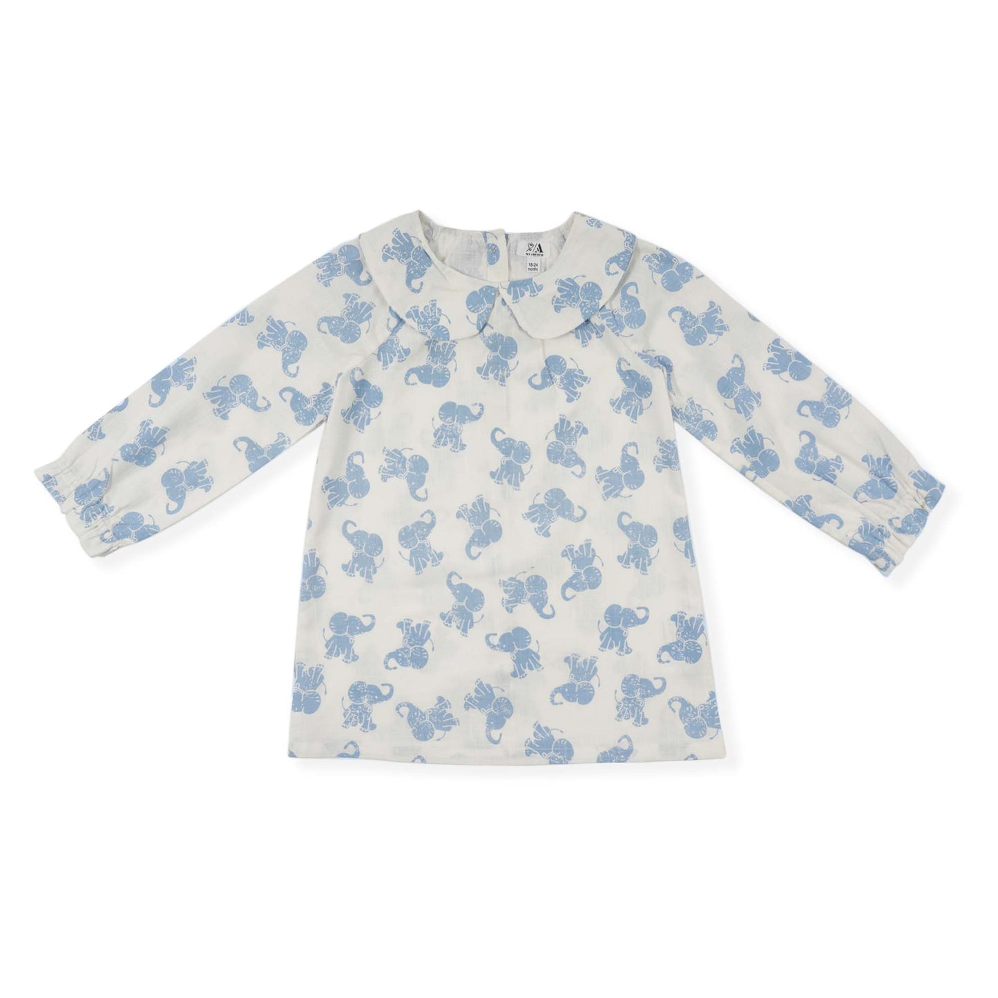 Off White and Blue Elephant Organic Cotton Long Sleeve Baby Top