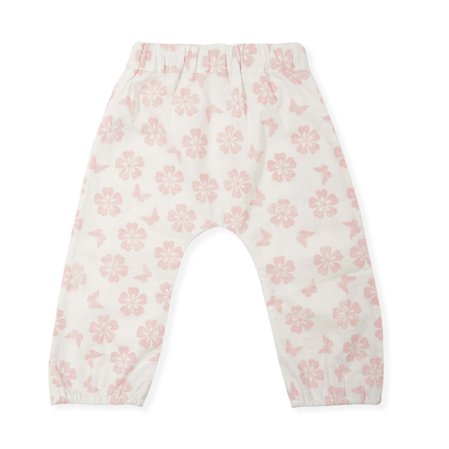 Off White and Pink Floral Butterfly Organic Cotton Baby Trousers
