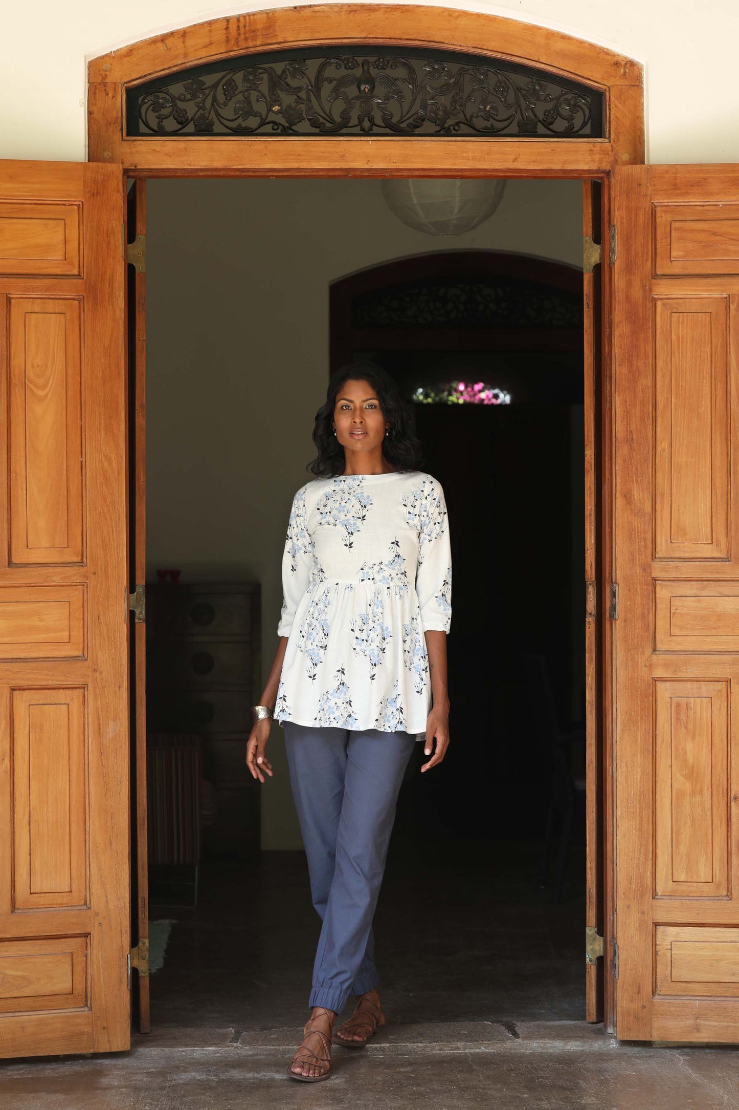 Off White and Blue Jasmine Organic Cotton Tunic Blouse