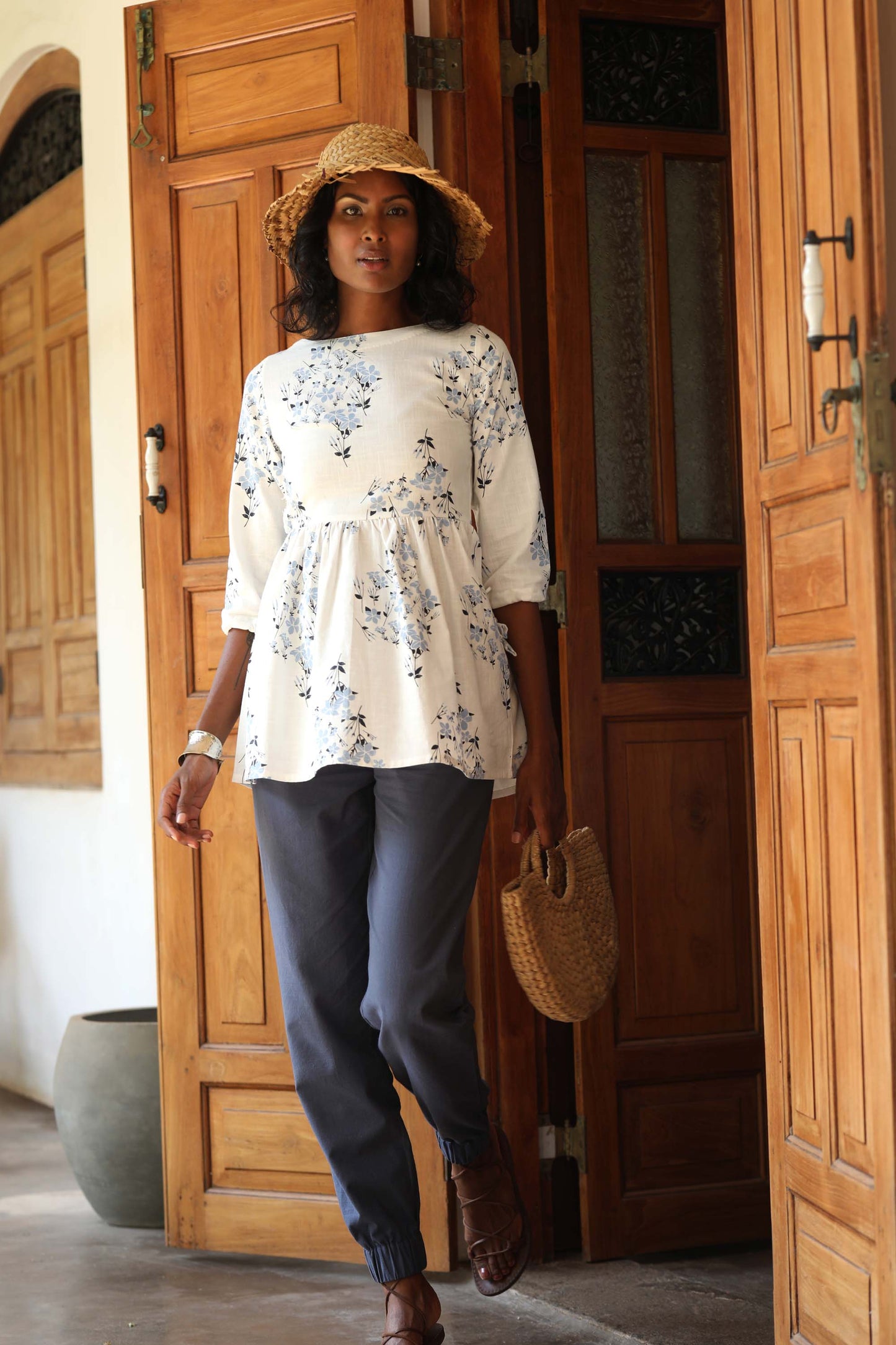 Off White and Blue Jasmine Organic Cotton Tunic Blouse